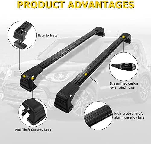 AUXMART Roof Rack Crossbars Compatible with Kia Soul 2014-2019, 110LBS Aluminum Bar Luggage Kayak Cargo Canoe Snowboard Carrier, Both Ends Adjustable Lock Key Anti-Theft (with Fixed Point Position) - Image 4