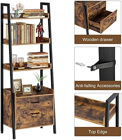 Rolanstar Bookshelf with Drawers, 4 Tier Ladder Bookshelf, Industrial Bookcases, Freestanding Display Plant Shelves with Metal Frame for Living Room, Small Space, Rustic Brown - Image 6