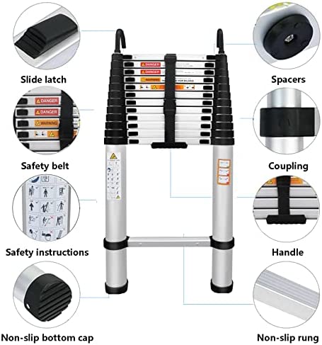 Telescoping Ladder 16FT Aluminum Telescoping Extension Ladder with Roof Hooks, 2.8Inch Detachable Hooks Prefect for Home Or Outdoor Rooftop, Collapsible Ladder Attic Ladder Rv Ladder 330lb Capacity - Image 4