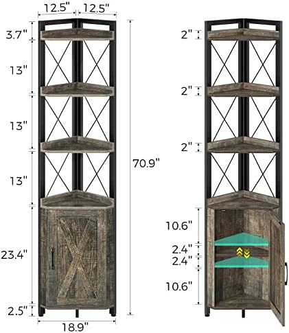Rolanstar Corner Shelf 5-Tier with Storage, Corner Bookshelf Stand Storage Rack Plant Stand for Living Room, Home Office, Kitchen, Small Space, Grey 12.5"D x 18.9"W x 70.9"H - Image 4