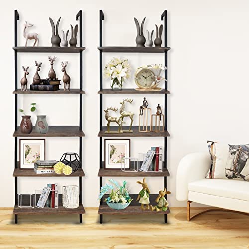 Wolawu 5 Tiers Ladder Shelf 2-Piece Black Modern Tall Bookshelf Open Large Tall Wall Mount Storage Bookcase Standing Leaning Wall Shelves Industrial Decorative - Image 10