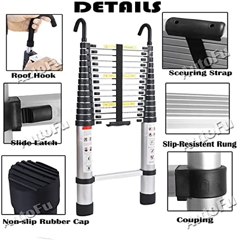 4.4M 14ft Telescoping Ladder Aluminum DIY Extension Folding Loft Ladder with 2 Detachable Roof Hooks Anti-Slip Rubber Feet Portable Heavy Duty Folding Ladder 330lbs Max. Loading EN131 Certificated - Image 4