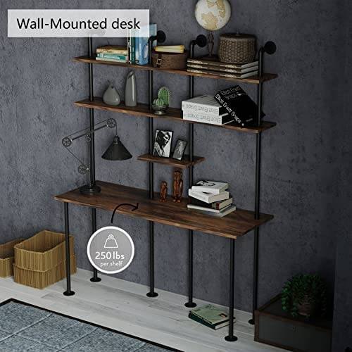 FUSHIAIPTC 74-inch H Industrial Wall Mount Desk, Ladder Floating Computer Desk with 4-Shelf Larger Pipe Table with Storage for Home Office Study Desk Bookcase (W:59inch) - Image 7