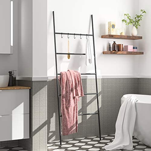 HOOBRO Towel Rack, Blanket Ladder, 5-Tier Ladder Shelf, Decorative Wall Leaning Ladder Rack, 22.8" Wide Holder, 5 Hooks, Blanket Holder, Display Rack for Bathroom, Black BK62CJ01G1 - Image 3