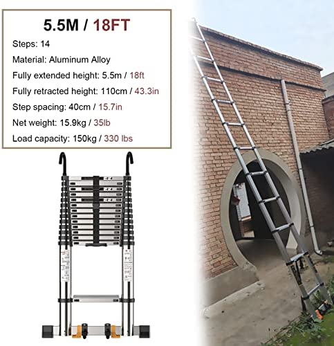 MAGJI Telescoping Ladder 4m/6m/7m Telescopic Ladder with Detachable Hooks, Lightweight Portable Telescoping Ladder for Climbing/Decorating/Painting, 330 Lb Capacity (Size : 5.5m/18ft) - Image 4
