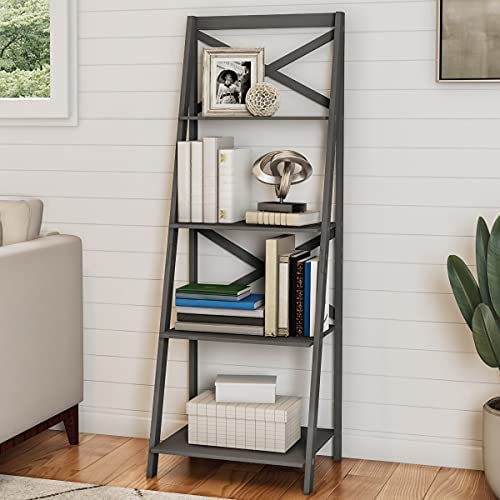 Lavish Home 4-Tier Ladder Bookshelf – Freestanding Wooden Bookcase – X-Back Frame and Leaning Look Decorative Shelves for Home and Office (Gray) Set of 1 - Image 3