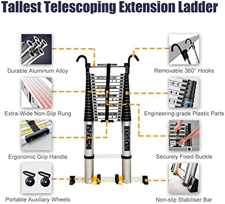 MIWOOYY Aluminum Telescoping Ladder 23ft / 24ft / 26ft, Heavy Duty Folding Telescopic Extension Ladders with Hooks & Stabilizer Bar, for Rooftop RV Attic Home Outdoor, 330 LBS Load (Size: 26ft / 8m) - Image 4