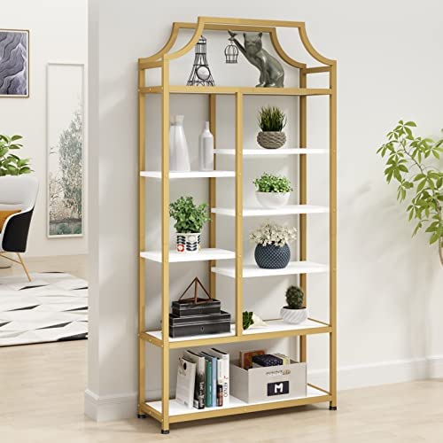 Loomie 8-Open Shelf Bookshelf, 70.87" H x 31.5" L Lux Etagere Bookcase, Tall Storage Display Modern Open Book Case for Bedroom, Home Office & Living Room, Gold Finish Metal Frame & White Shelving - Image 6