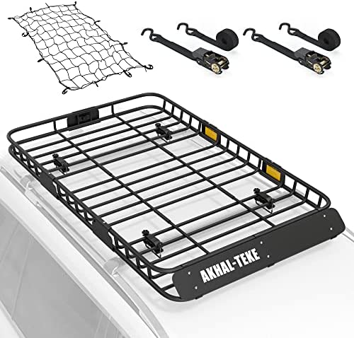AKHAL-TEKE Roof Rack Basket, Upgraded 64"x 39"x 4" Roof Rack Cargo Carrier with 3' X 4' Super Duty Bungee Cargo Net, 2 pcs Ratchet Strap Fits for SUV Truck Cars - Image 2