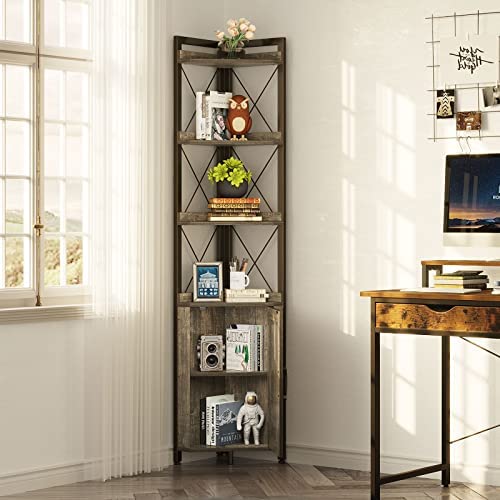 Rolanstar Corner Shelf 5-Tier with Storage, Corner Bookshelf Stand Storage Rack Plant Stand for Living Room, Home Office, Kitchen, Small Space, Grey 12.5"D x 18.9"W x 70.9"H - Image 3