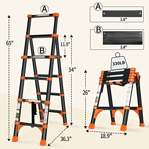 RIKADE Telescoping Ladder, A-Frame Aluminum Telescopic Ladder with 1-Button Retraction, Portable Extension Ladder Adjustable Lightweight Folding Ladder for Home or RV Work, 330lb Capacity(1.4+1.7M) - Image 4