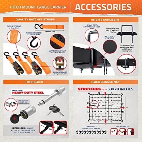 Mockins 60x24x6 XL Folding Cargo Carrier Hitch Mount 500lb Capacity Hitch Rack & Waterproof Cargo Bag Straps,Locks,Net,Stabilizer Trailer Hitch Cargo Carrier | Hitch Mount Cargo Carrier Cargo Trailer - Image 7