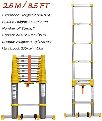 Vvlo Gardening Courtyard 85Ft/95Ft/105Ft/125Ft/155Ft/165Ft/20Ft/23Ft/26Ft Tallest Telescoping Ladder, Foldable Extension Ladder with Whe (Size : 2.6m/8.5FT) - Image 3