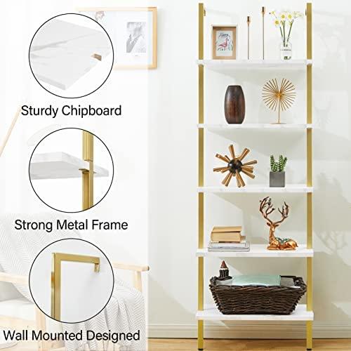 SUPERJARE Modern Ladder Shelf, 5-Tier Open Wall-Mounted Bookshelf with Stable Metal Frame, 72 Inches Storage Rack Shelves, Stand Bookcase for Home Office - Marble/Gold - Image 5