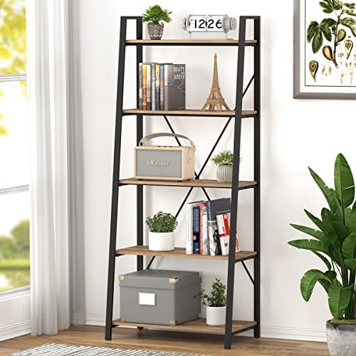 BON AUGURE Industrial 5 Tier Ladder Bookshelf, Wood and Metal Ladder Shelf Bookcase, Farmhouse Leaning Shelves for Living Room (Vintage Oak) - Image 2