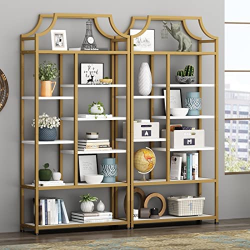 Loomie 8-Open Shelf Bookshelf, 70.87" H x 31.5" L Lux Etagere Bookcase, Tall Storage Display Modern Open Book Case for Bedroom, Home Office & Living Room, Gold Finish Metal Frame & White Shelving - Image 5