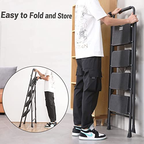 4 Step Ladder, RIKADE Folding Step Stool, Step Stool with Wide Anti-Slip Pedal, Lightweight, Portable Folding Step Ladder with Handgrip, Multi-use Steel Ladder for Household and Office - Image 8