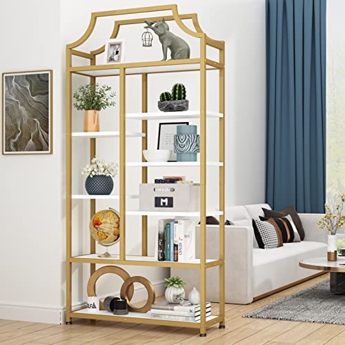 Loomie 8-Open Shelf Bookshelf, 70.87" H x 31.5" L Lux Etagere Bookcase, Tall Storage Display Modern Open Book Case for Bedroom, Home Office & Living Room, Gold Finish Metal Frame & White Shelving - Image 7