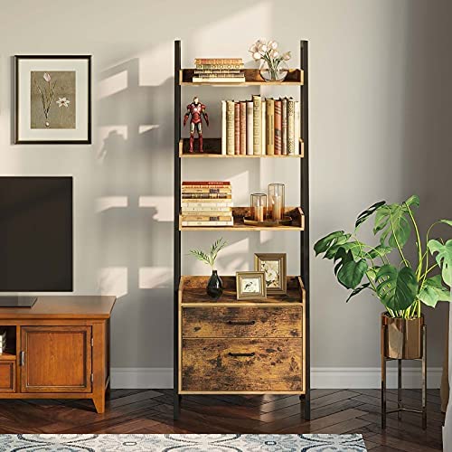 Rolanstar Bookshelf with Drawers, 4 Tier Ladder Bookshelf, Industrial Bookcases, Freestanding Display Plant Shelves with Metal Frame for Living Room, Small Space, Rustic Brown - Image 3