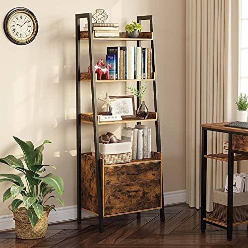 Rolanstar Bookshelf with Drawers, 4 Tier Ladder Bookshelf, Industrial Bookcases, Freestanding Display Plant Shelves with Metal Frame for Living Room, Small Space, Rustic Brown - Image 5