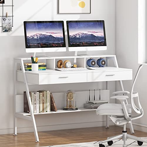 Tribesigns Computer Desk with Storage Shelf & Drawers, Modern 47 inch Office Writing Desk Study Table with Monitor Stand Riser for Home Office Use (White) - Image 5