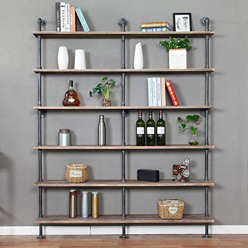 WGX Design For You Industrial 6-Tiers Modern Ladder Shelf Bookcase,Solid Wood Storage Shelf,Display Shelving, Wall Mounted Wood Shelves, Pipe Wood Shelves Bookshelf Vintage Wrought Iron Finish (Gray) - Image 3