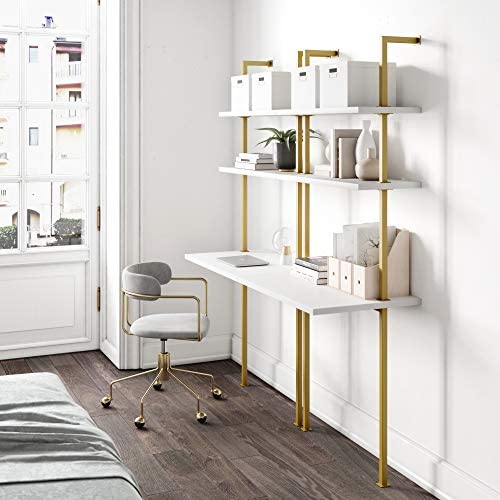 Nathan James Theo 2-Shelf Industrial Wall Mount Ladder Small Computer or Writing Desk, White/Gold Brass - Image 8