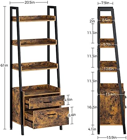 Rolanstar Bookshelf with Drawers, 4 Tier Ladder Bookshelf, Industrial Bookcases, Freestanding Display Plant Shelves with Metal Frame for Living Room, Small Space, Rustic Brown - Image 4