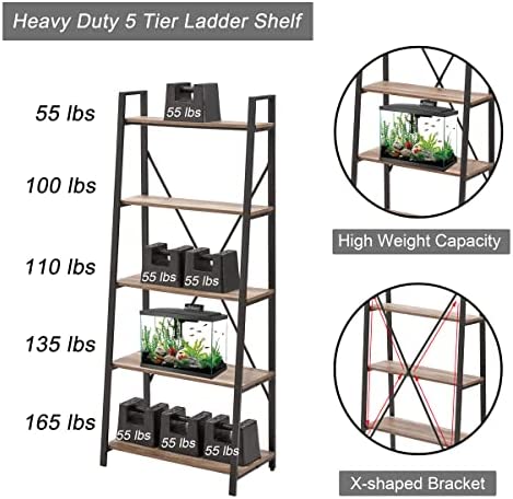 BON AUGURE Industrial 5 Tier Ladder Bookshelf, Wood and Metal Ladder Shelf Bookcase, Farmhouse Leaning Shelves for Living Room (Vintage Oak) - Image 6