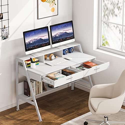 Tribesigns Computer Desk with Storage Shelf & Drawers, Modern 47 inch Office Writing Desk Study Table with Monitor Stand Riser for Home Office Use (White) - Image 3