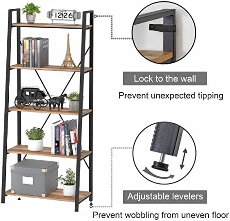 BON AUGURE Industrial 5 Tier Ladder Bookshelf, Wood and Metal Ladder Shelf Bookcase, Farmhouse Leaning Shelves for Living Room (Vintage Oak) - Image 7
