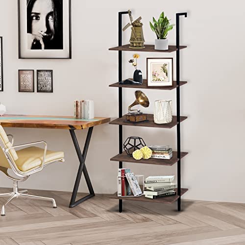 Wolawu 5 Tiers Ladder Shelf 2-Piece Black Modern Tall Bookshelf Open Large Tall Wall Mount Storage Bookcase Standing Leaning Wall Shelves Industrial Decorative - Image 3
