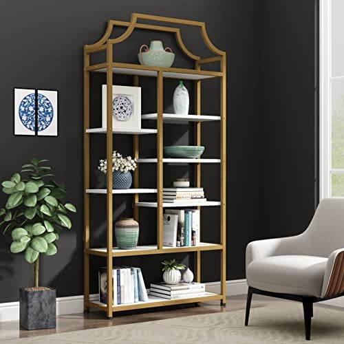 Loomie 8-Open Shelf Bookshelf, 70.87" H x 31.5" L Lux Etagere Bookcase, Tall Storage Display Modern Open Book Case for Bedroom, Home Office & Living Room, Gold Finish Metal Frame & White Shelving - Image 2