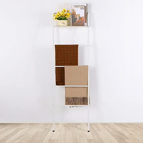 LIANTRAL Blanket Ladder, Wall Leaning Towel Ladder Blanket Holder Rack with Wood Shelf for Living Room Bathroom, Decorative Ladder for Blankets (5-Tiers, White) - Image 5