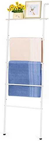 LIANTRAL Blanket Ladder, Wall Leaning Towel Ladder Blanket Holder Rack with Wood Shelf for Living Room Bathroom, Decorative Ladder for Blankets (5-Tiers, White) - Image 2
