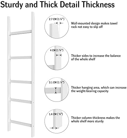 WTZ Blanket Ladder, 5-Layer Towel Racks, Blanket Holder with Anti-Slip Construction Home Decor, Decorative Blanket, Quilt, Towel, Scarf Ladder Shelves for Livingroom, Bedroom, Bathroom, White - Image 4