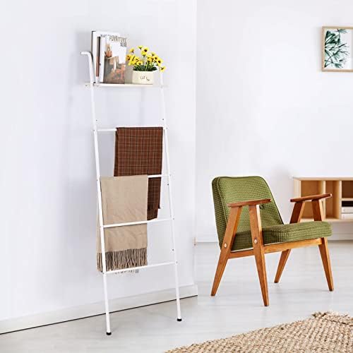 LIANTRAL Blanket Ladder, Wall Leaning Towel Ladder Blanket Holder Rack with Wood Shelf for Living Room Bathroom, Decorative Ladder for Blankets (5-Tiers, White) - Image 7