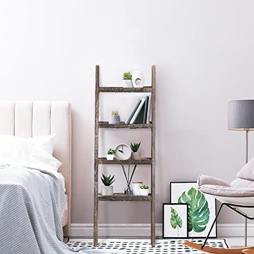 KIAYACI 4-Tier Blanket Ladder Leaning Bookshelf Bathroom Shelving Decorative Ladder Wood Shelf Blanket Ladders for The Living Room Boho Shelves(Vintage Walnut, 53" x 22") - Image 2