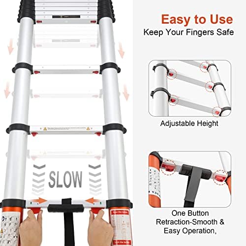 LUISLADDERS Aluminum Telescoping Ladder Telescopic Extension Ladder 330 Pound Capacity One-Button Retraction (12.5 FT) - Image 7