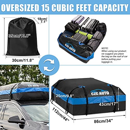 CZC AUTO 15 Cubic Feet Car Rooftop Cargo Carrier Heavy Duty Bag, Soft Roof Top Luggage Bag with Waterproof Zip, Storage Bag & Anti-Slip Mat Fits All Cars SUV with/Without Rack, Black-Blue - Image 3