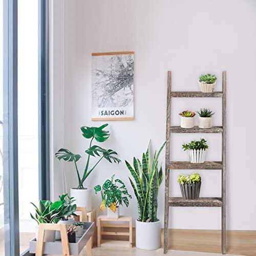 KIAYACI 4-Tier Blanket Ladder Leaning Bookshelf Bathroom Shelving Decorative Ladder Wood Shelf Blanket Ladders for The Living Room Boho Shelves(Vintage Walnut, 53" x 22") - Image 8