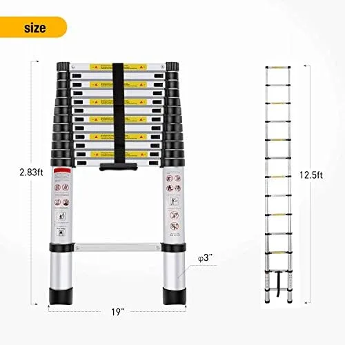 Yesker 12.5ft Telescoping Ladder Aluminum Telescopic Extension Multi Purpose Ladders EN131 Certified - Extendable with Spring Load Locking Mechanism Non-Slip - 330 lb Max Capacity, Silver/Black - Image 3