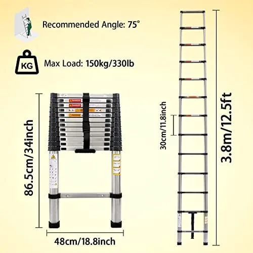 Telescoping Ladder 12.5FT Latest Stainless Steel Telescopic Extendable Ladder 3.8M Multi-Purpose Attic Ladder Heavy Duty EN131 Safe Standard Adjustable Height Easy to Carry Non-Slip 330lb Capacity - Image 3