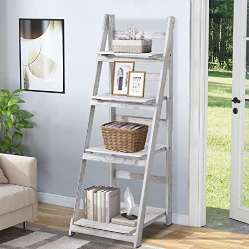 Babion 4-Tier Ladder Shelf, Plant Shelf Ladder Shelves White Folding Shelf Stable Wooden Shelf Freestanding Plant Shelves Flowerpot Stand Indoor Ladder Bookshelf for Office, Bedroom, Balcony (White) - Image 2