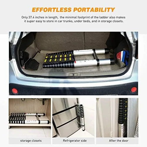 Yesker 12.5ft Telescoping Ladder Aluminum Telescopic Extension Multi Purpose Ladders EN131 Certified - Extendable with Spring Load Locking Mechanism Non-Slip - 330 lb Max Capacity, Silver/Black - Image 7