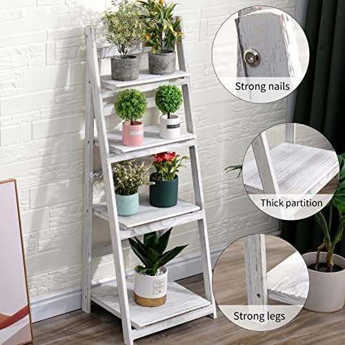 Babion 4-Tier Ladder Shelf, Plant Shelf Ladder Shelves White Folding Shelf Stable Wooden Shelf Freestanding Plant Shelves Flowerpot Stand Indoor Ladder Bookshelf for Office, Bedroom, Balcony (White) - Image 5