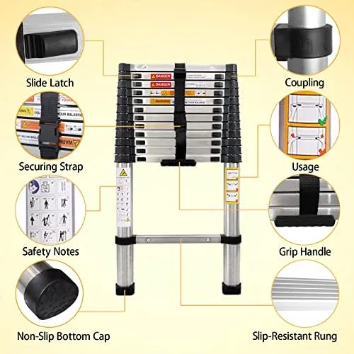 Telescoping Ladder 12.5FT Latest Stainless Steel Telescopic Extendable Ladder 3.8M Multi-Purpose Attic Ladder Heavy Duty EN131 Safe Standard Adjustable Height Easy to Carry Non-Slip 330lb Capacity - Image 4