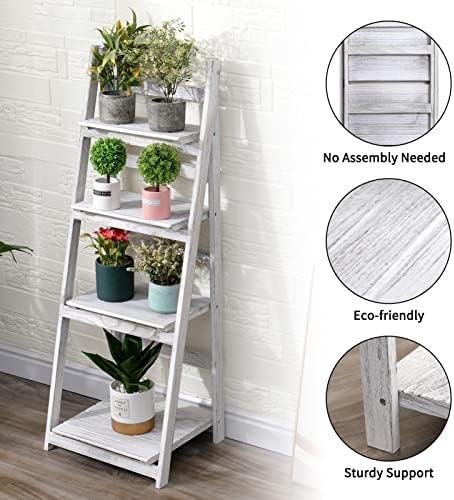 Babion 4-Tier Ladder Shelf, Plant Shelf Ladder Shelves White Folding Shelf Stable Wooden Shelf Freestanding Plant Shelves Flowerpot Stand Indoor Ladder Bookshelf for Office, Bedroom, Balcony (White) - Image 7