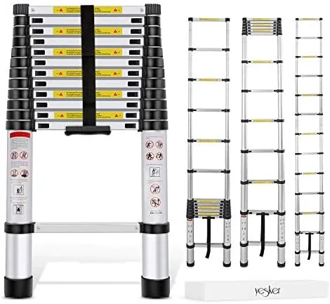 Yesker 12.5ft Telescoping Ladder Aluminum Telescopic Extension Multi Purpose Ladders EN131 Certified - Extendable with Spring Load Locking Mechanism Non-Slip - 330 lb Max Capacity, Silver/Black - Image 2