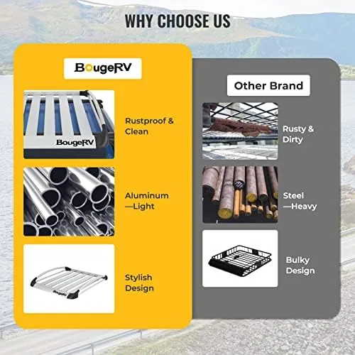 BougeRV Anti-Rust Rooftop Cargo Basket 47''x40'' Lightweight Aluminum Universal Roof Basket 150LBS Load Capacity Roof Rack Basket Cargo Carrier with Wind Fairing, Fit for SUV Truck Cars, Silver - Image 6